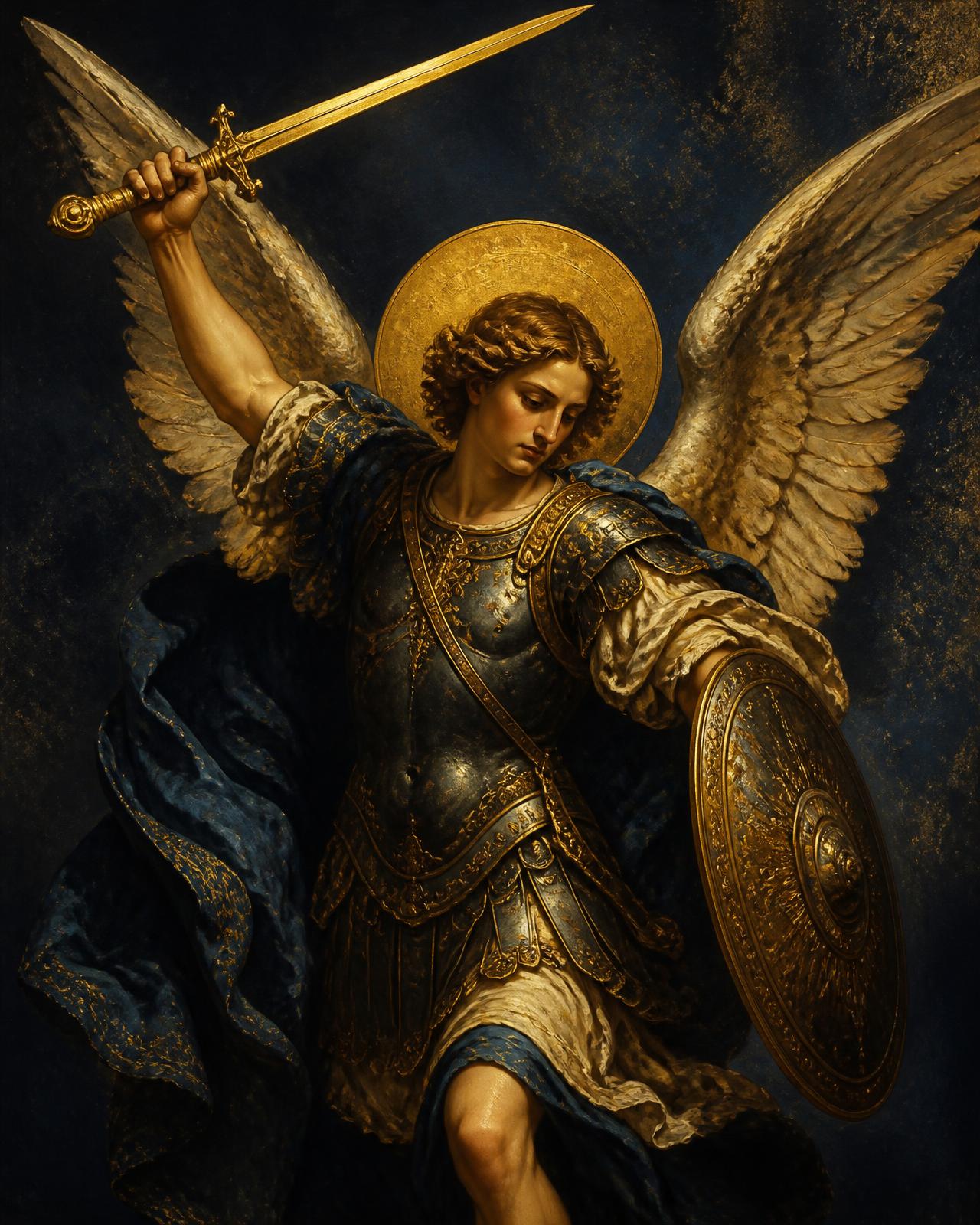 Pintura de São Miguel Arcanjo com espada e asas